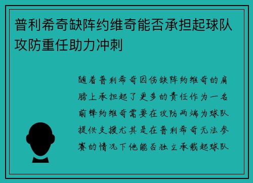普利希奇缺阵约维奇能否承担起球队攻防重任助力冲刺